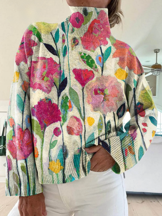 Dames Vintage Mooie Bloemenprint Gebreide Coltrui