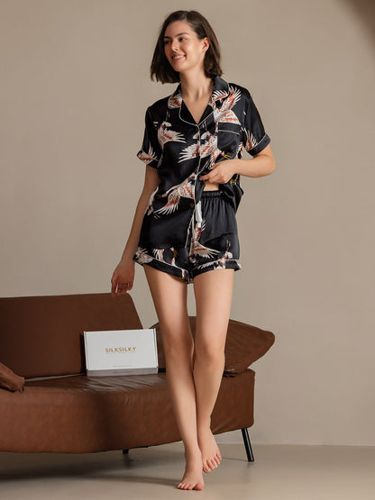 19MommeEnsemble Pyjama Court à Manches Courtes en Soie avec Imprimé Crane pour Femme
