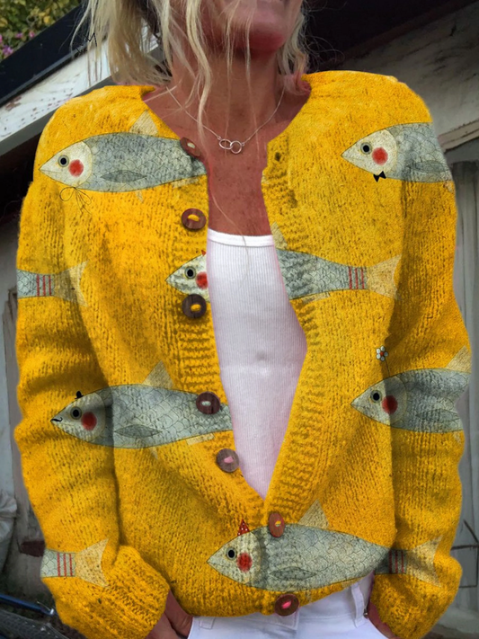 Cardigan met vintage sardine-kunstpatroon en knoopsluiting