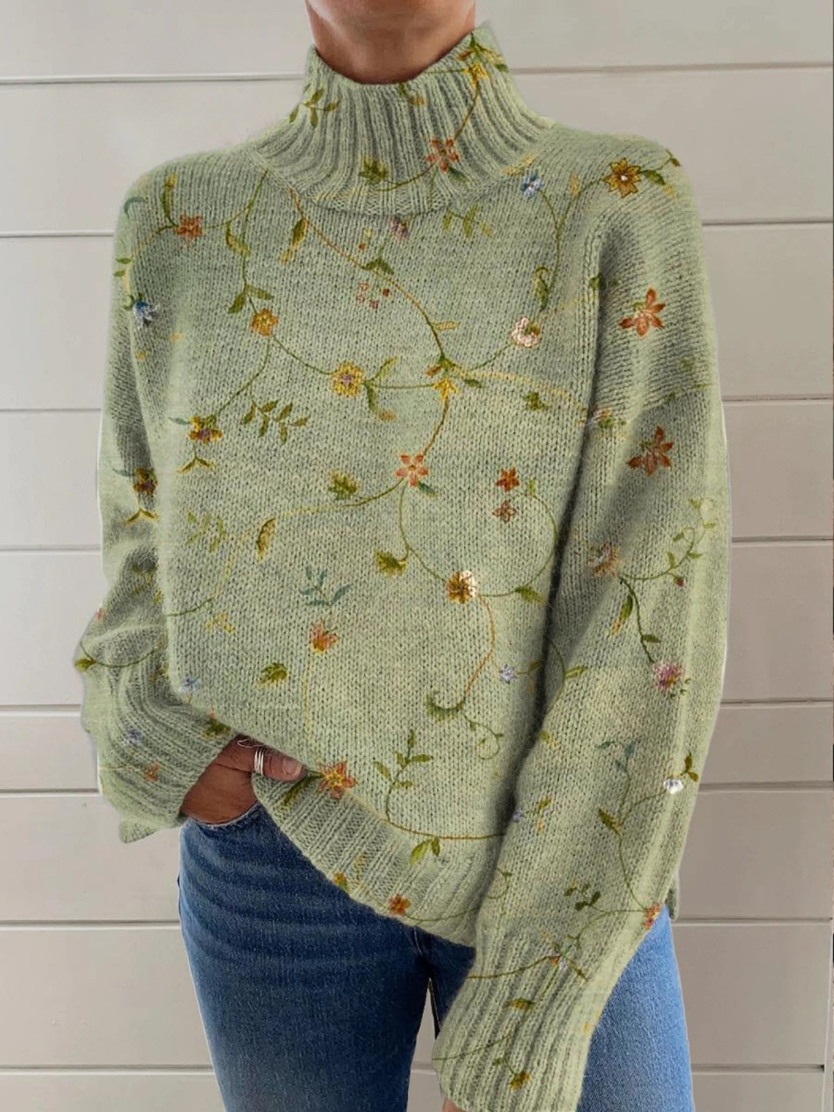 Damen Hübscher Floral Art Print Strick-Turtleneck Pullover