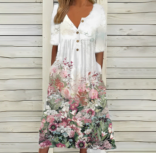 Pinke Blumen Kunst Button Pocket Midi Kleid
