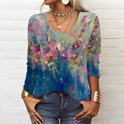 Ronde hals bloemenprint lange mouwen casual T-shirt