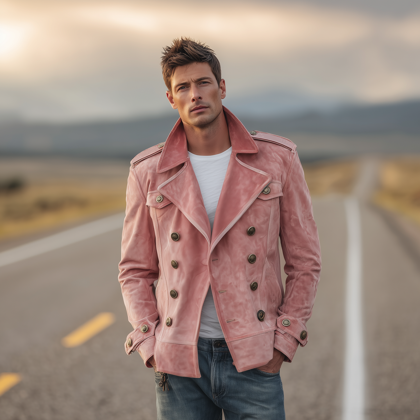 Klassiek retro herenjack in westernstijl met reverskraag, suède epauletten en dubbele rij knopen