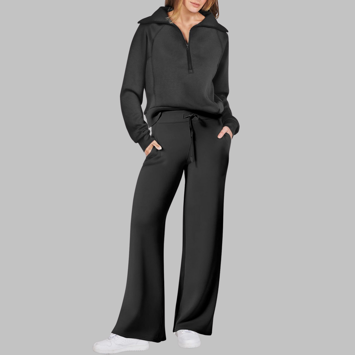 Fleur - Comfortabele halve ritssluiting sweatshirt en wijde broek set