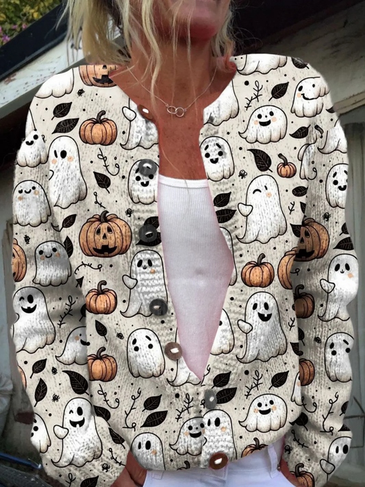 Cardigan met grappig spook-Halloween kunstpatroon en knoopsluiting