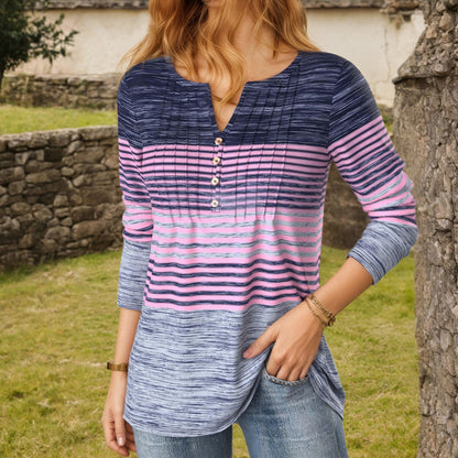【Manches Longues】Blouse Rayée À Blocs De Couleurs