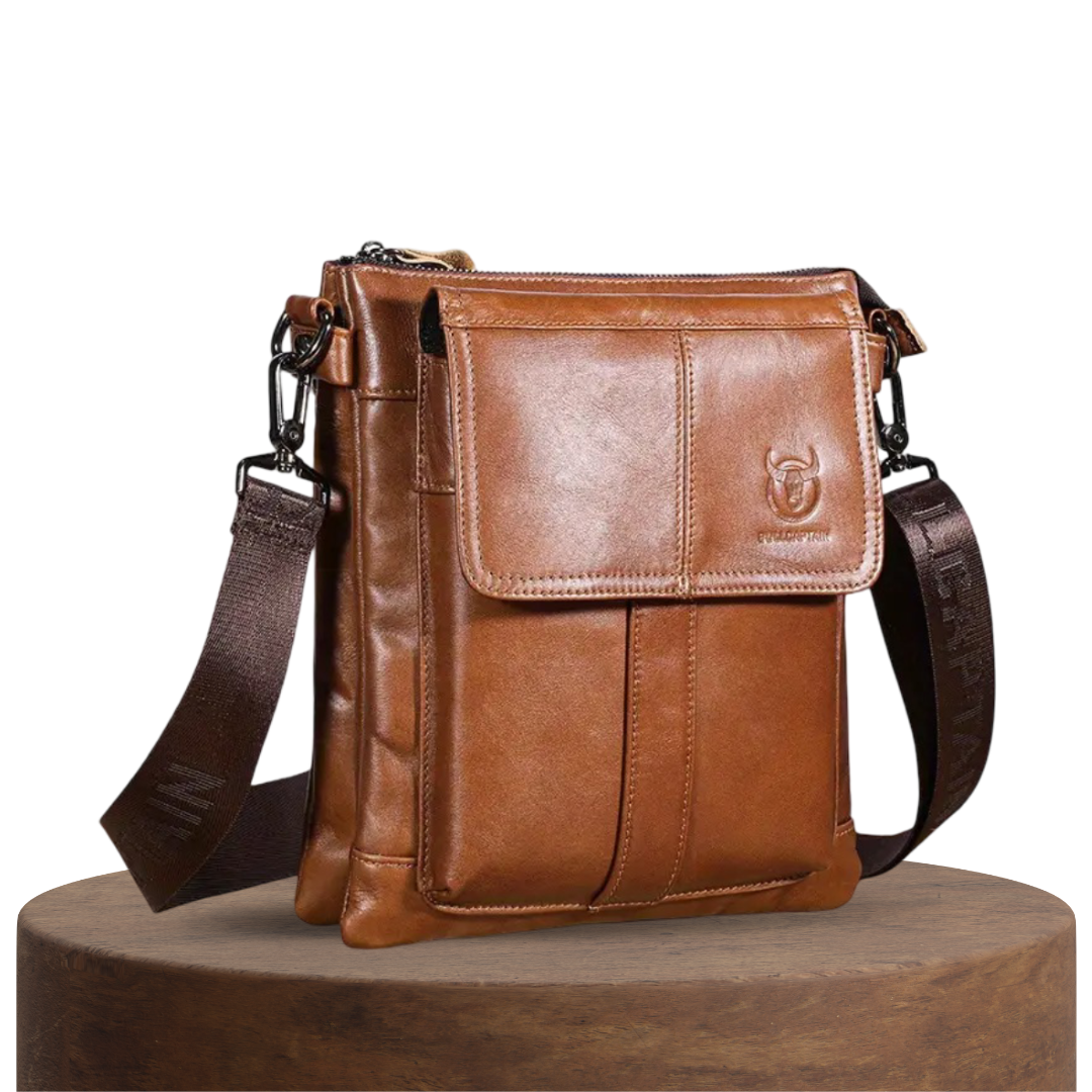 Nathan – Slim leren schoudertas met flapzakken-design