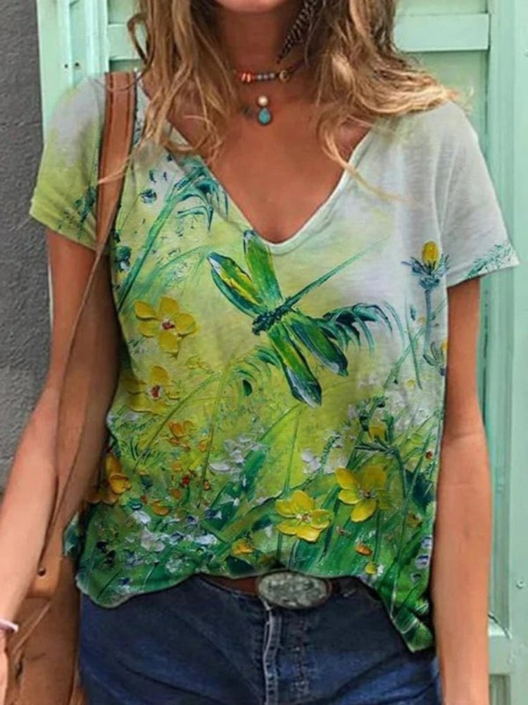 Floral Kunstreproduktion V-Ausschnitt T-Shirt