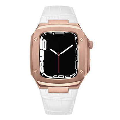 Luxuriöses Metallgehäuse mit Lederarmband für Apple Watch Serie 40/41/44/45 mm