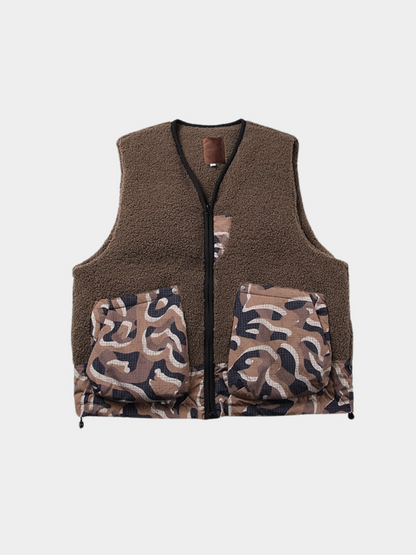 HeatClip – Heren donzen bodywarmer met camouflage zakken, contrasterende details en Sherpa-voering