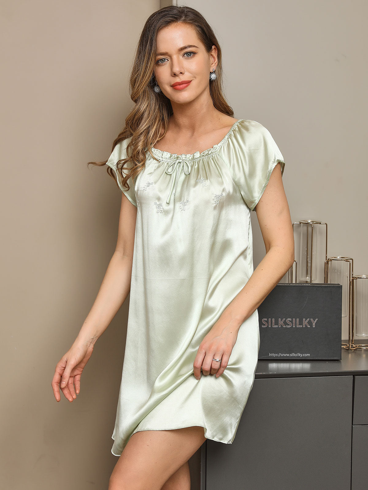 Pure Soie Manches Courtes Mignonne Chemise de Nuit
