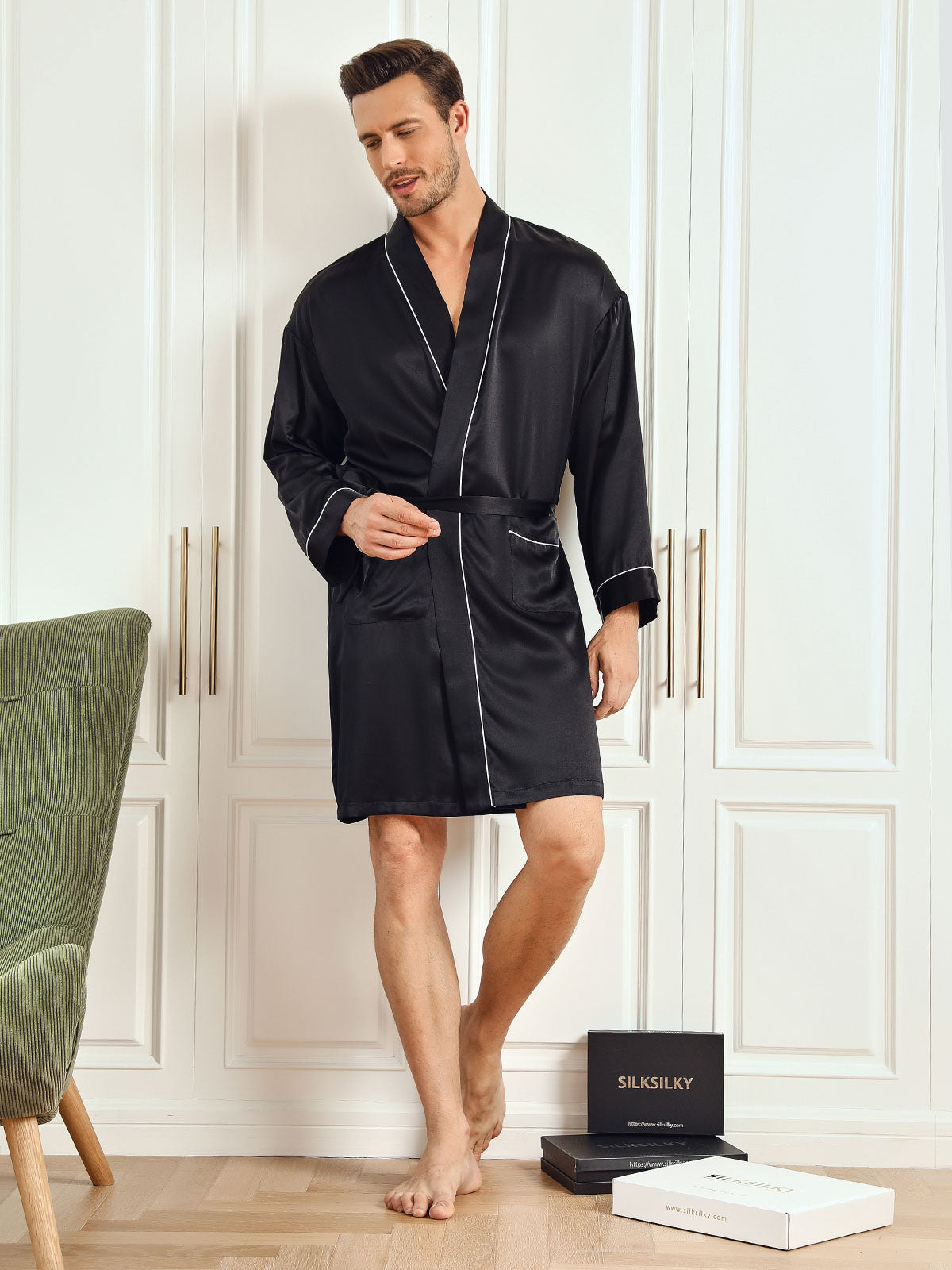 Homme Peignoirs Pure Soie Couleur Unie Vacances Ceinture