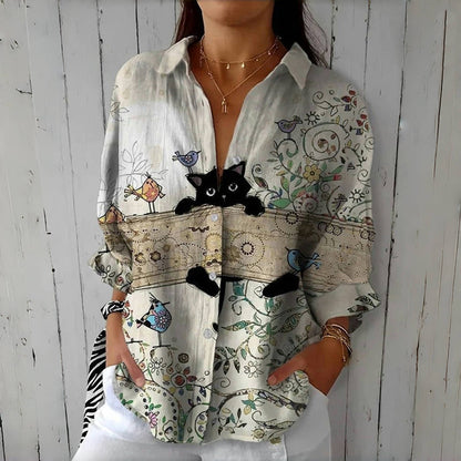 Creatieve Vintage Blouse Met Kattenprint
