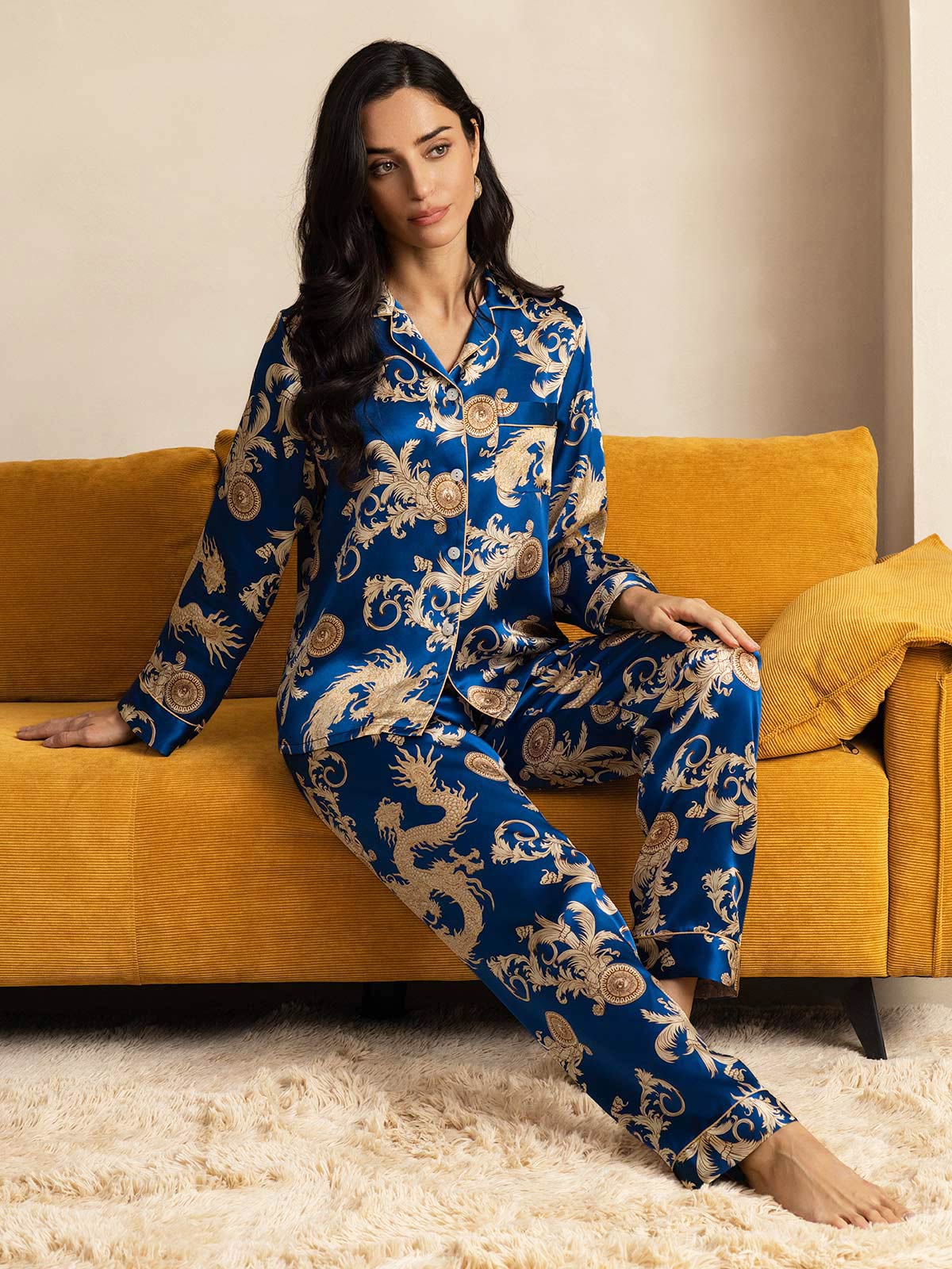 Ensemble de Pyjama à Manches Longues en Soie Pure Imprimé Dragon