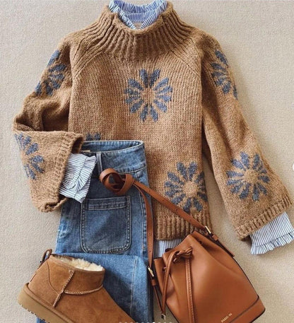 Retro Brauner Langarm-Stehkragenpullover