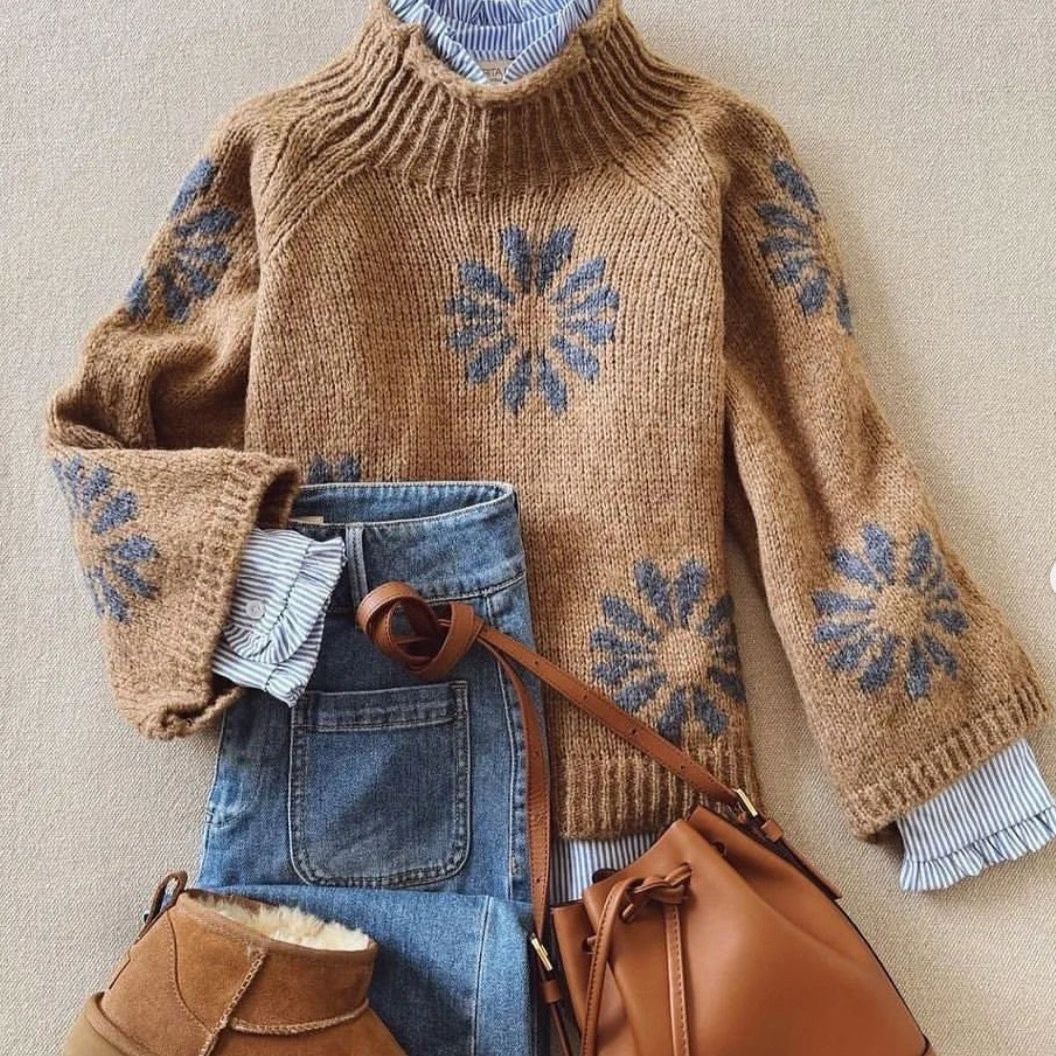 Retro Brauner Langarm-Stehkragenpullover