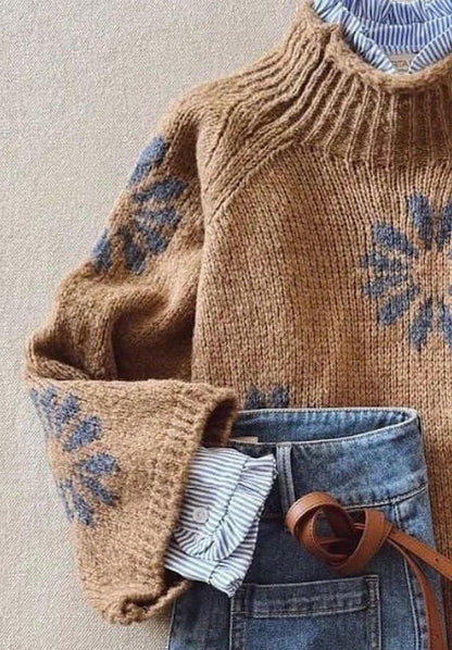 Retro Brauner Langarm-Stehkragenpullover