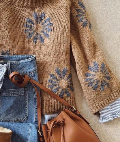 Retro Brauner Langarm-Stehkragenpullover