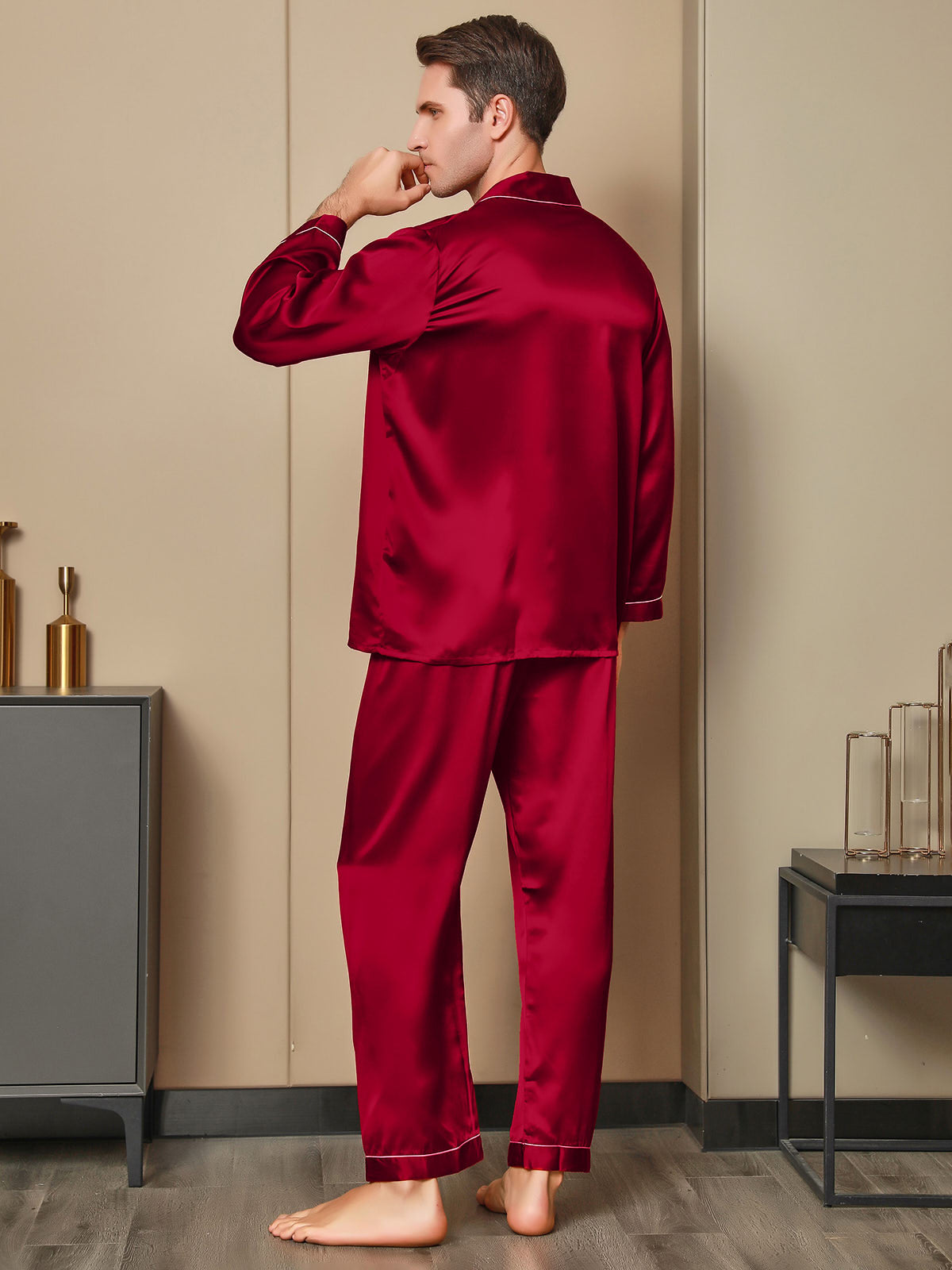 Luxe zijden pyjamaset voor heren met revers, 2-delig