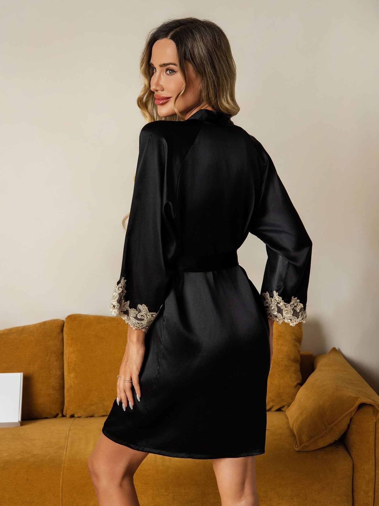 Soie Dentelle Poignets Peignoir Envelopper Kimono Ceinturé Avec 3/4 Manches