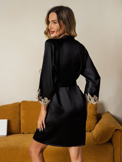 Soie Dentelle Poignets Peignoir Envelopper Kimono Ceinturé Avec 3/4 Manches