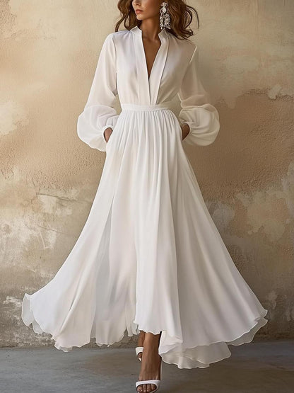 Laura - Vintage geïnspireerde witte maxi-jurk met V-hals