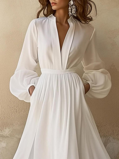 Laura - Vintage geïnspireerde witte maxi-jurk met V-hals