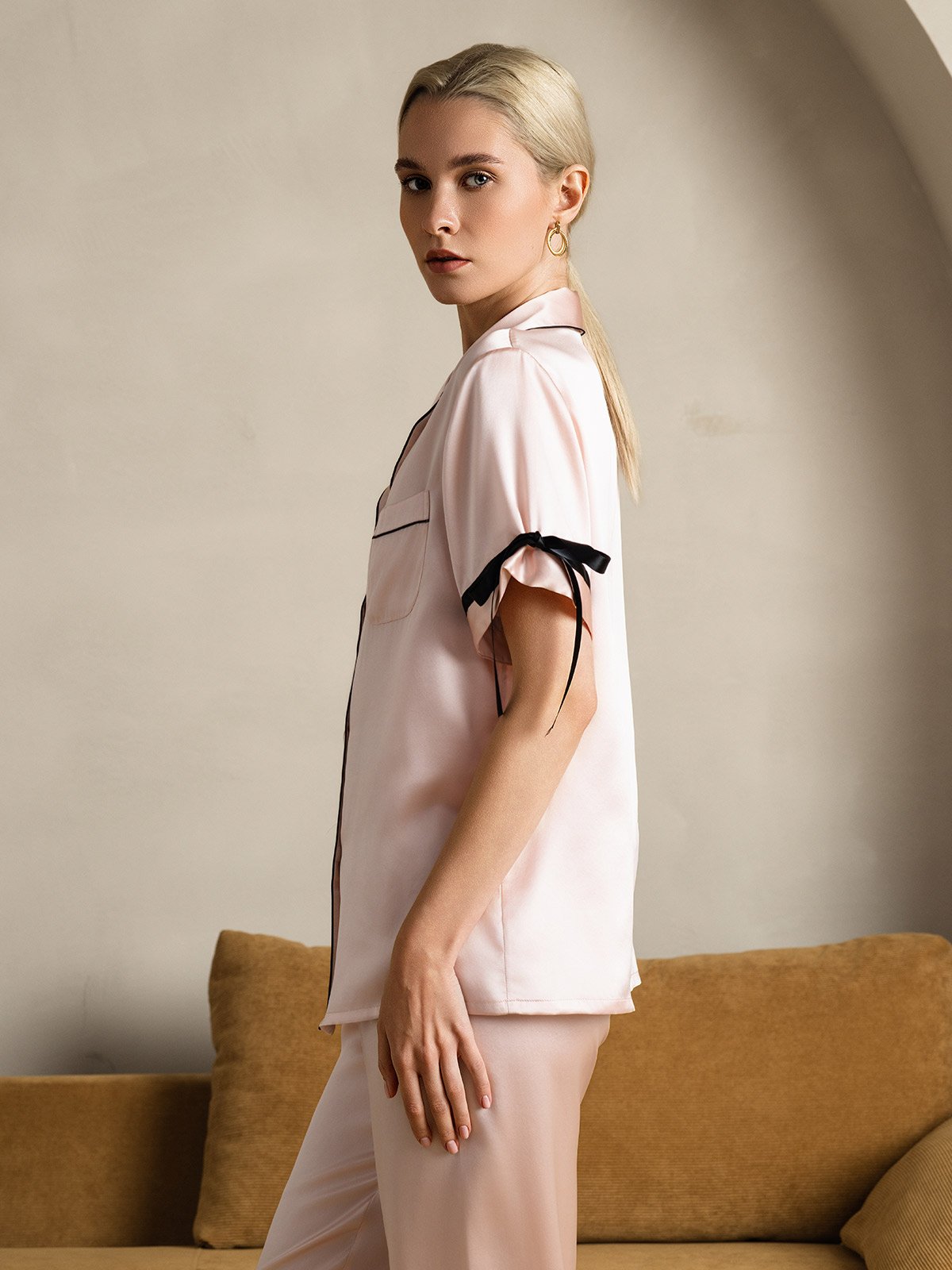 Pure Soie Courtes Manches Pantalon Pyjama Set