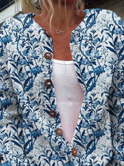 Eleganter Blauer und Weißer Blumenmuster Print Knopf-Cardigan Pullover