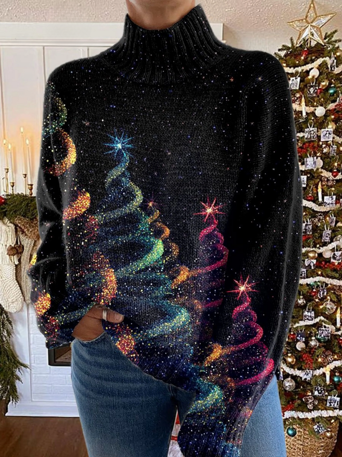 Glitter Kerstboom Print Gebreide Coltrui