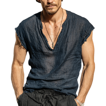 Men's Solid Color Cotton And Linen V-neck Tank Top MTA0250G3X
