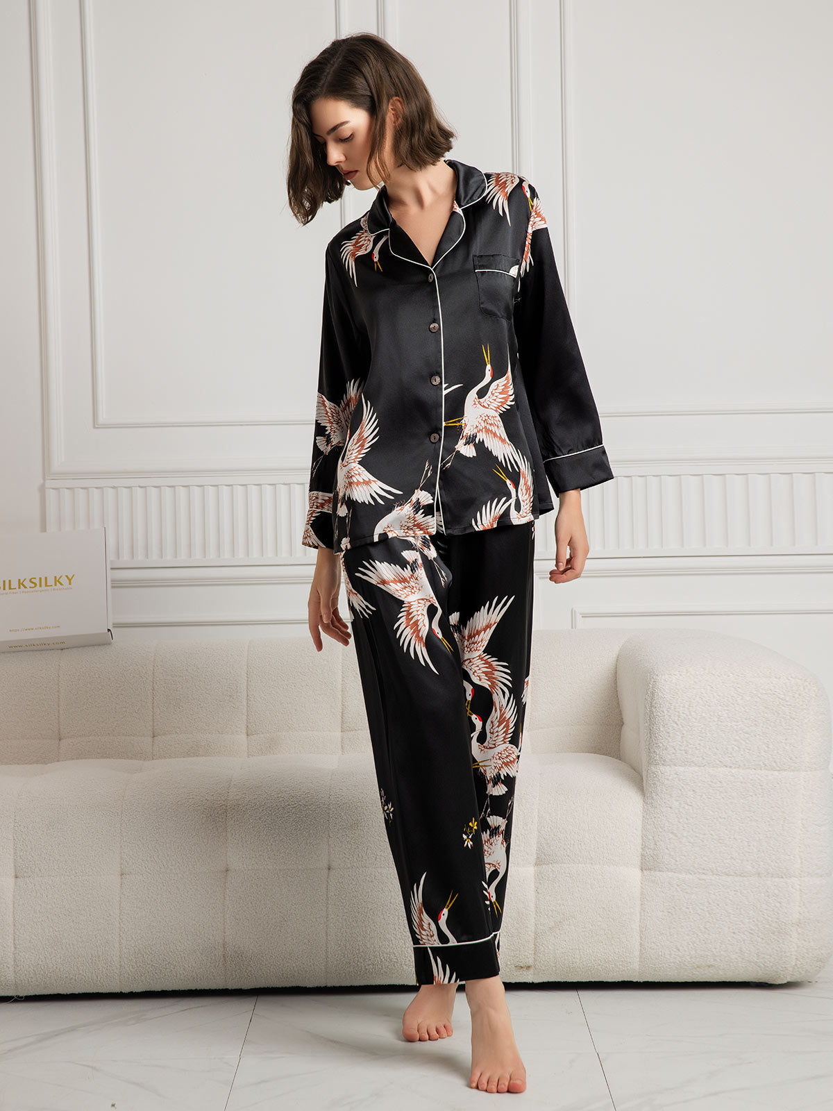 19-Momme Reine Seide – Klassischer Print mit kontrastierendem Paspel, Damen-Pyjama-Set