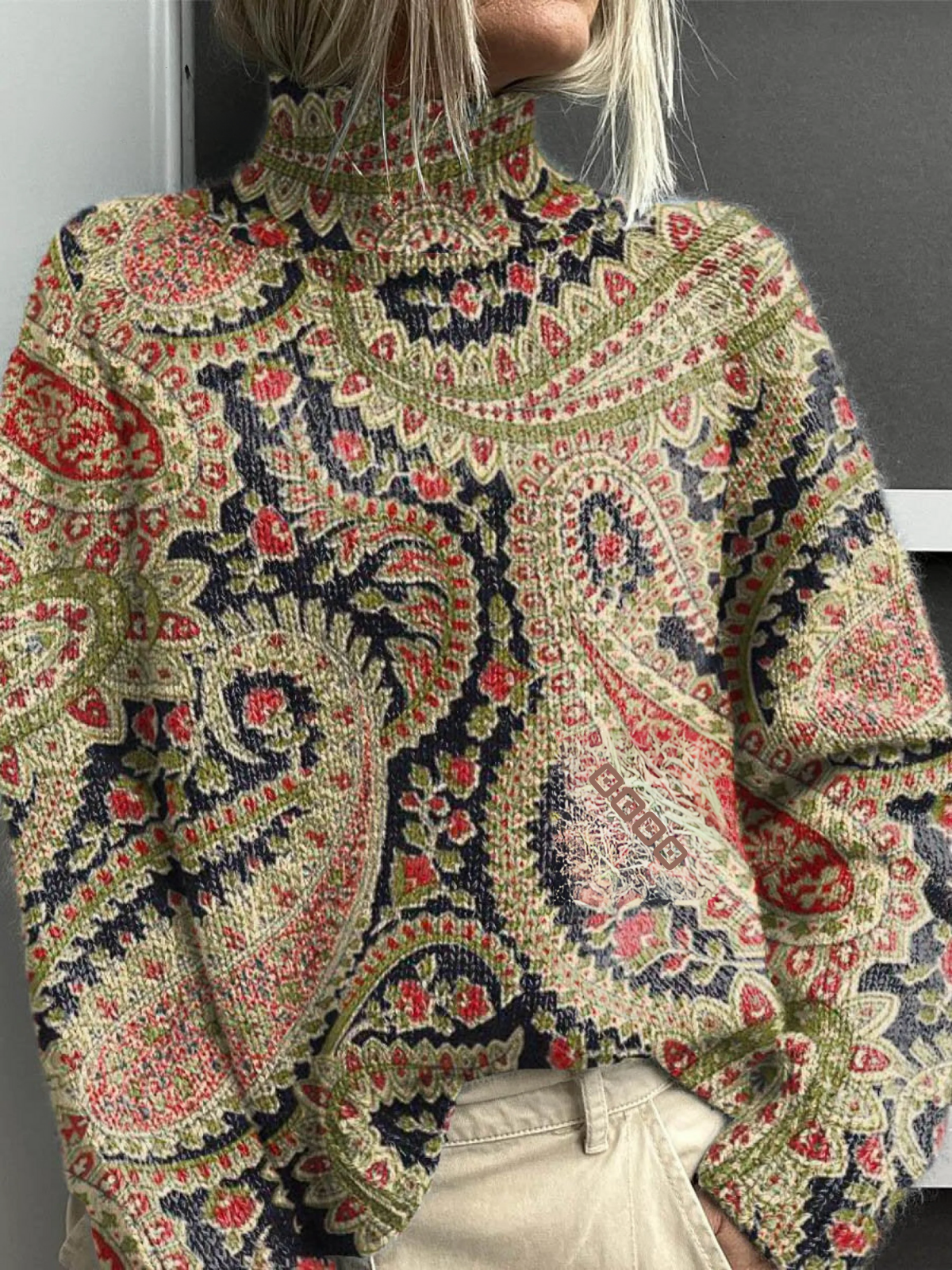 Damen Vintage Hübscher Floral Kunst Druck Strick-Turtleneck Pullover