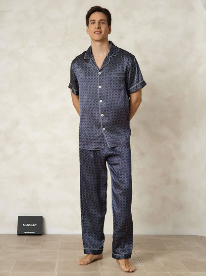 Homme Pyjamas Pure Soie Géométrique Long 2 Pièces