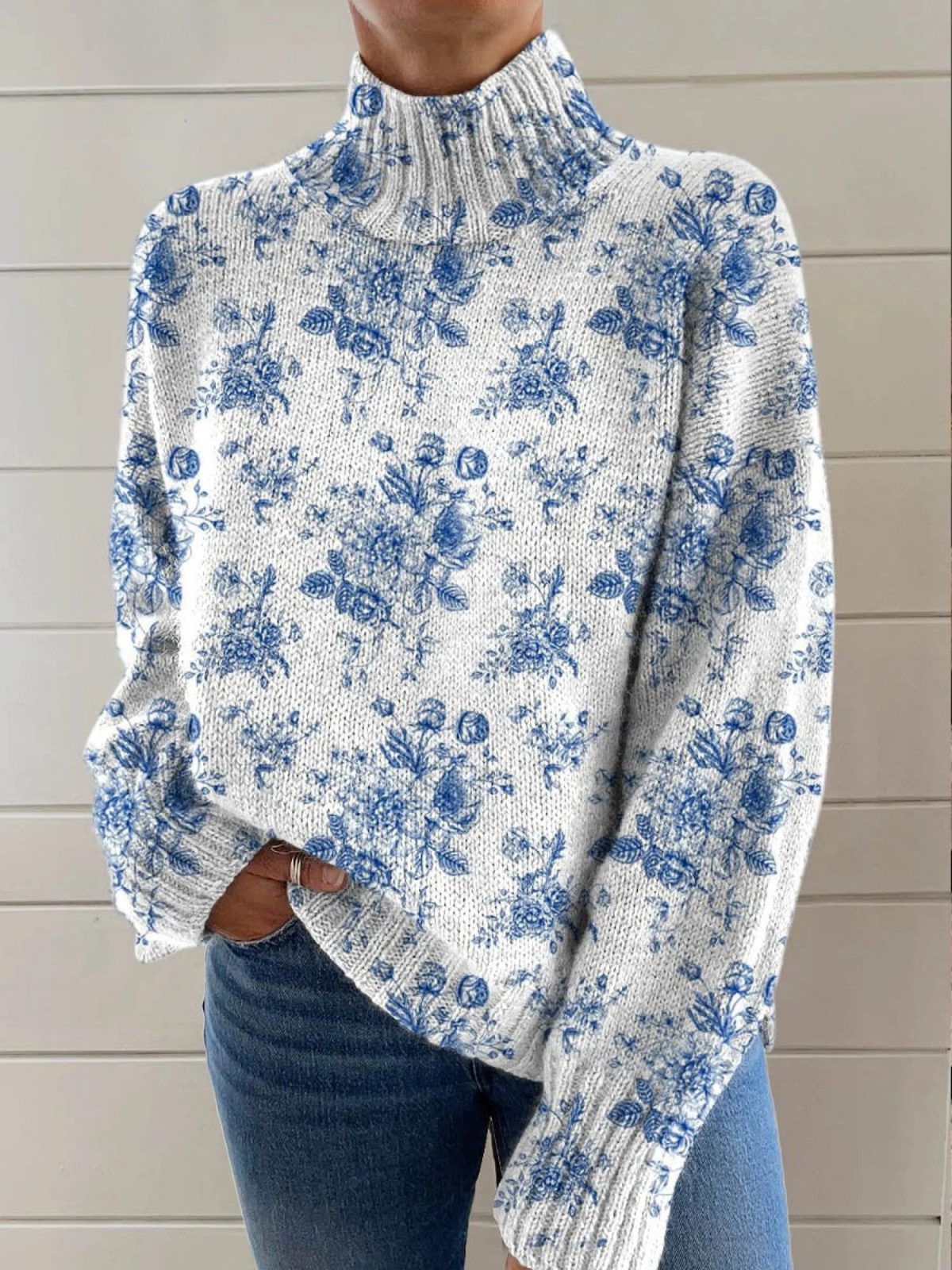 Prachtige coltrui met bloemenprint, gebreid