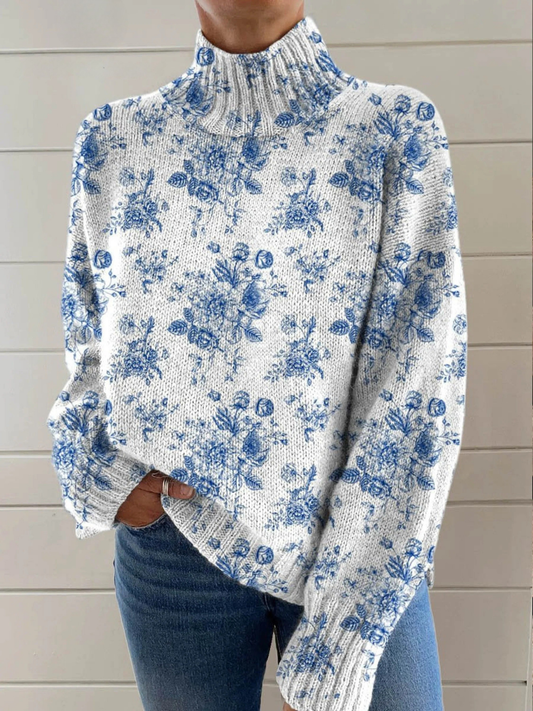 Wunderschöner Floral-Muster Kunstdruck Strick-Turtleneck Pullover