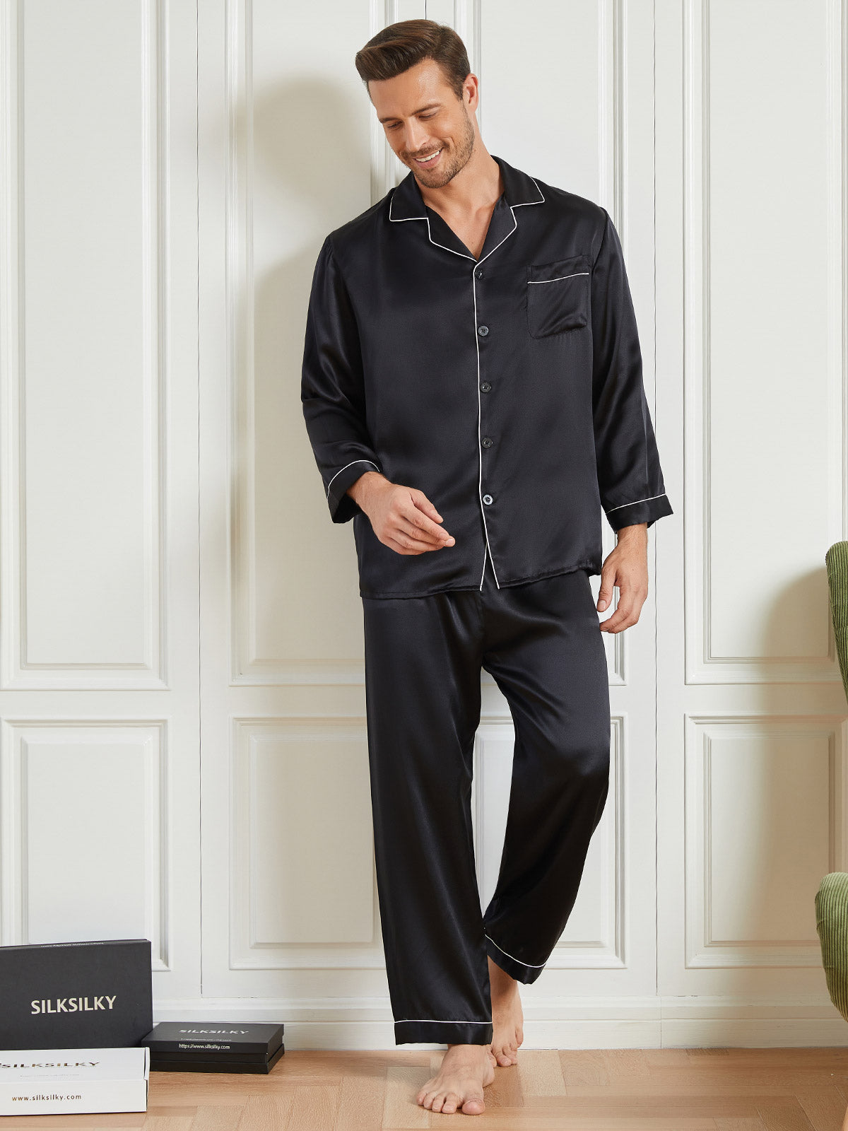 Ensemble Pyjama à Manches Longues à Revers pour Homme en Soie