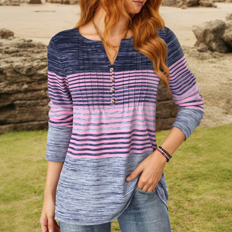 【Manches Longues】Blouse Rayée À Blocs De Couleurs