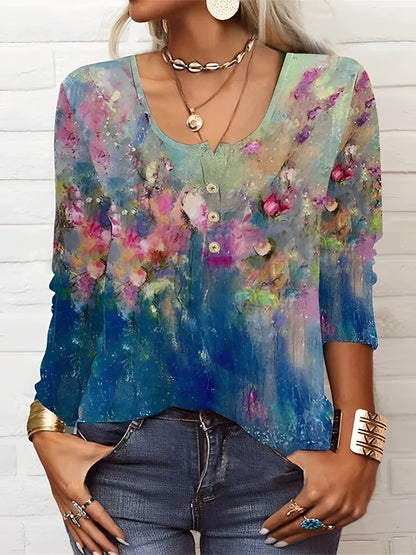 Ronde hals bloemenprint lange mouwen casual T-shirt