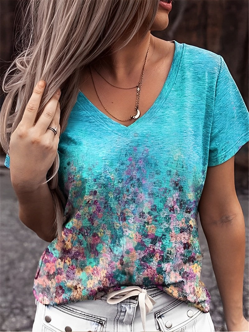74V-Ausschnitt Blumenkunst T-Shirt