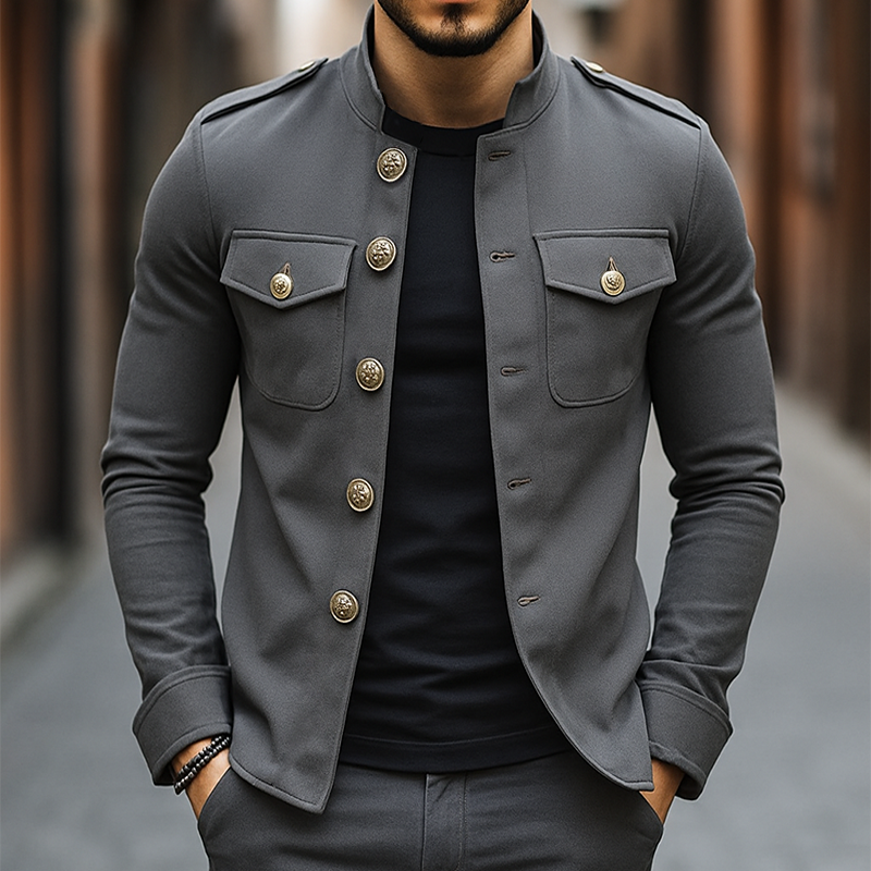 Klassische Vintage-Herrenjacke im Casual-Stil mit Stehkragen und Knopfleiste