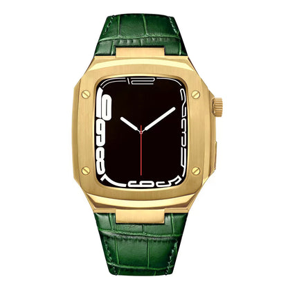 Luxuriöses Metallgehäuse mit Lederarmband für Apple Watch Serie 40/41/44/45 mm