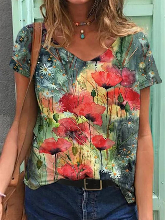 Bloemen kunstreproductie V-hals T-shirt