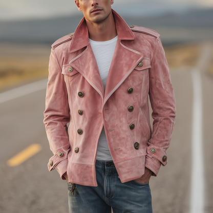 Klassiek retro herenjack in westernstijl met reverskraag, suède epauletten en dubbele rij knopen