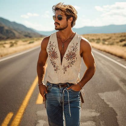 Heren Klassieke Western Cowboy Stijl Dunne Suede Tanktop met Borduurwerk en Diepe V-hals voor Lente en Zomer 00494118K