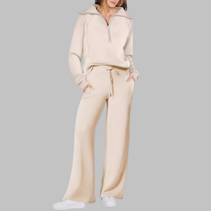 Fleur - Comfortabele halve ritssluiting sweatshirt en wijde broek set