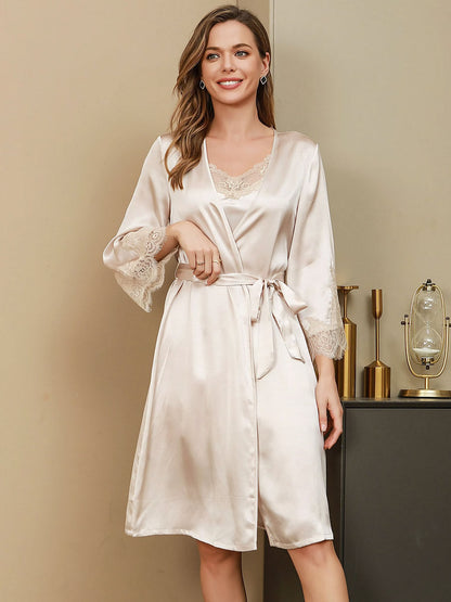 Poignets en Dentelle de Soie Pure Élégante Peignoir Ceinturée