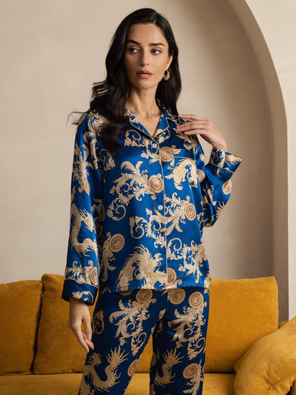 Ensemble de Pyjama à Manches Longues en Soie Pure Imprimé Dragon