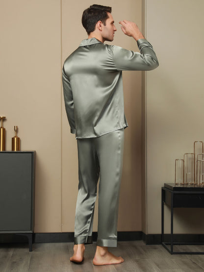 Pyjama à Revers en Pure Soie pour Hommes 2Pcs