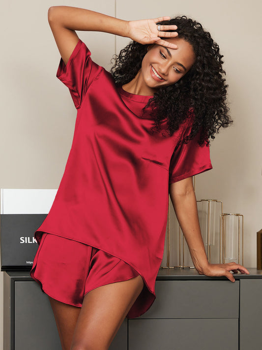 Oversized korte zijden pyjamaset voor dames